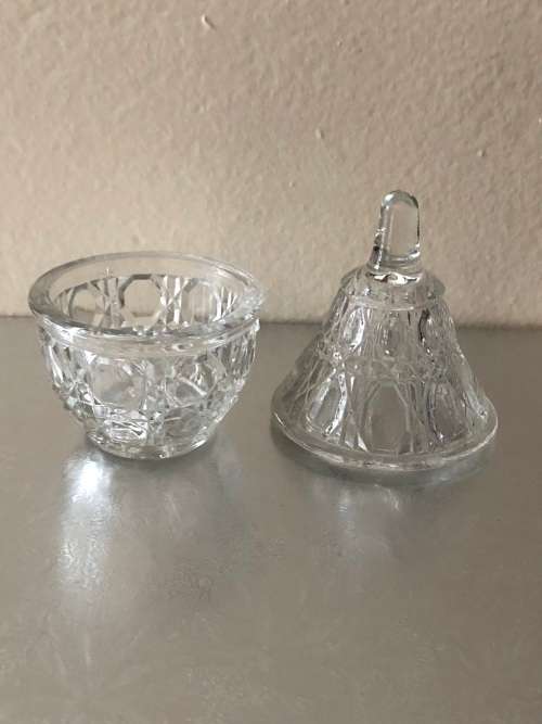 SMALL FABERGE STYLE CUT-GLASS CANDY JAR WITH LID