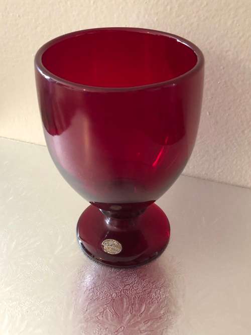 REIJMYRE SWEDEN RUBY RED GOBLET WITH ORIGINAL LABEL ATTACHED