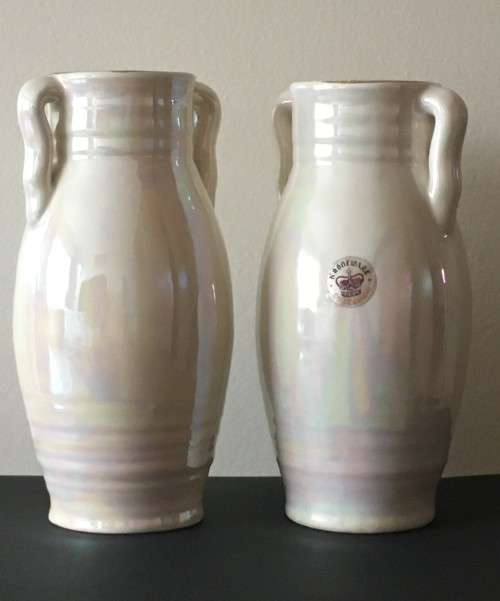 TWO BIG BEAUTIFUL MOTHER OF PEARL VINTAGE KRONEWARE PORCELAIN VASES BY CROWN WITH ORIGINAL LABEL