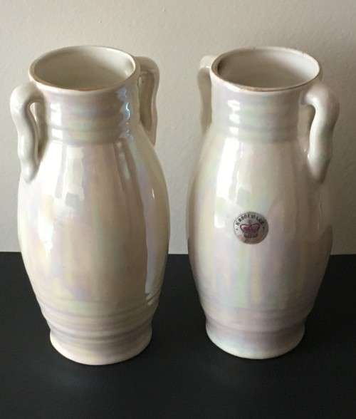 TWO BIG BEAUTIFUL MOTHER OF PEARL VINTAGE KRONEWARE PORCELAIN VASES BY CROWN WITH ORIGINAL LABEL
