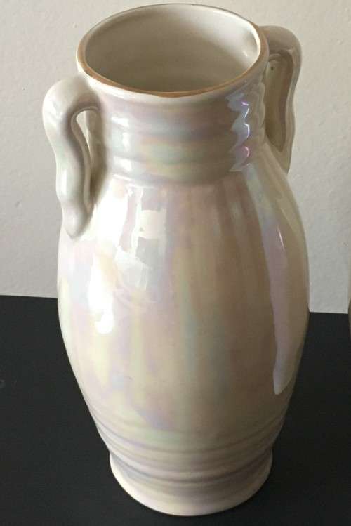 TWO BIG BEAUTIFUL MOTHER OF PEARL VINTAGE KRONEWARE PORCELAIN VASES BY CROWN WITH ORIGINAL LABEL