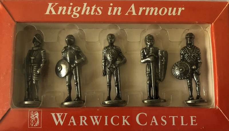 WESTAIR - WARWICK CASTLE- SET OF 5 PEWTER KNIGHTS IN ARMOUR - NEW STILL IN UNOPENED BOX