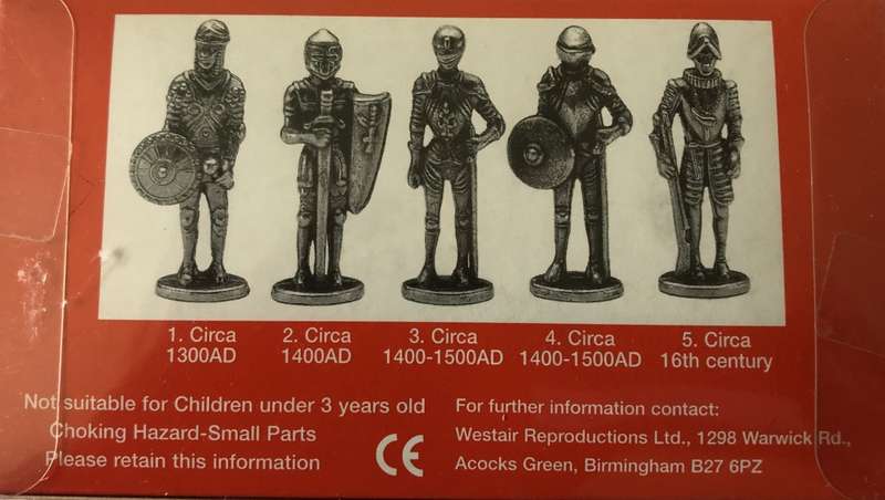 WESTAIR - WARWICK CASTLE- SET OF 5 PEWTER KNIGHTS IN ARMOUR - NEW STILL IN UNOPENED BOX