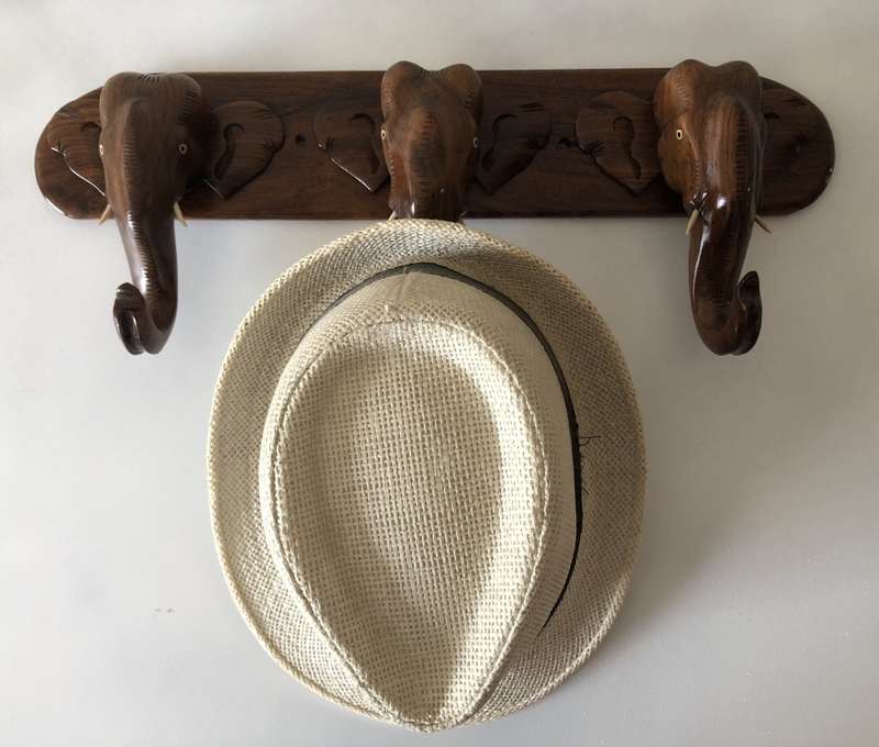BEAUTIFUL THREE HAND CARVED TEAK WOODEN ELEPHANT TRUNK HAT RAIL