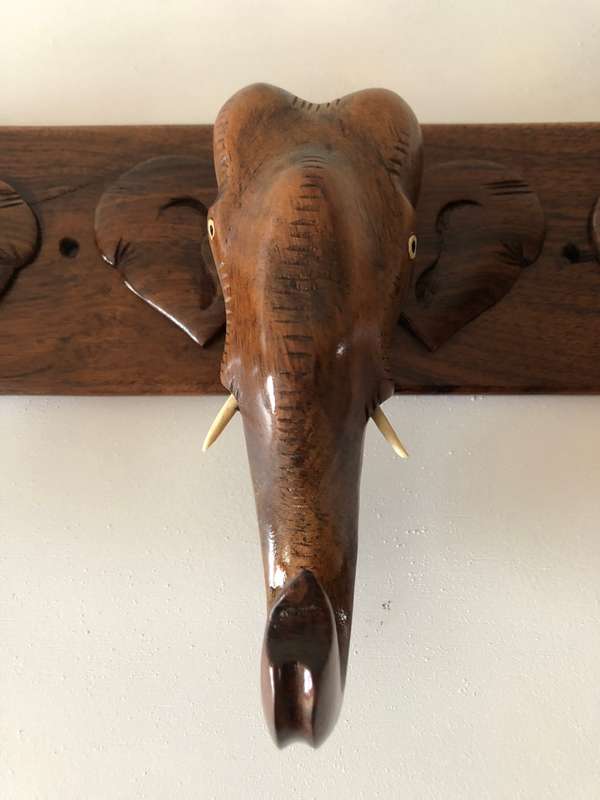 BEAUTIFUL THREE HAND CARVED TEAK WOODEN ELEPHANT TRUNK HAT RAIL