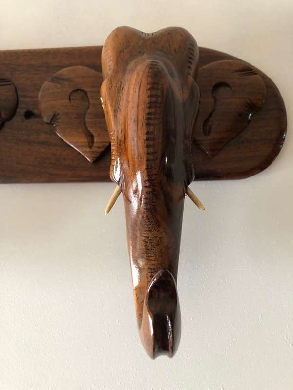 BEAUTIFUL THREE HAND CARVED TEAK WOODEN ELEPHANT TRUNK HAT RAIL