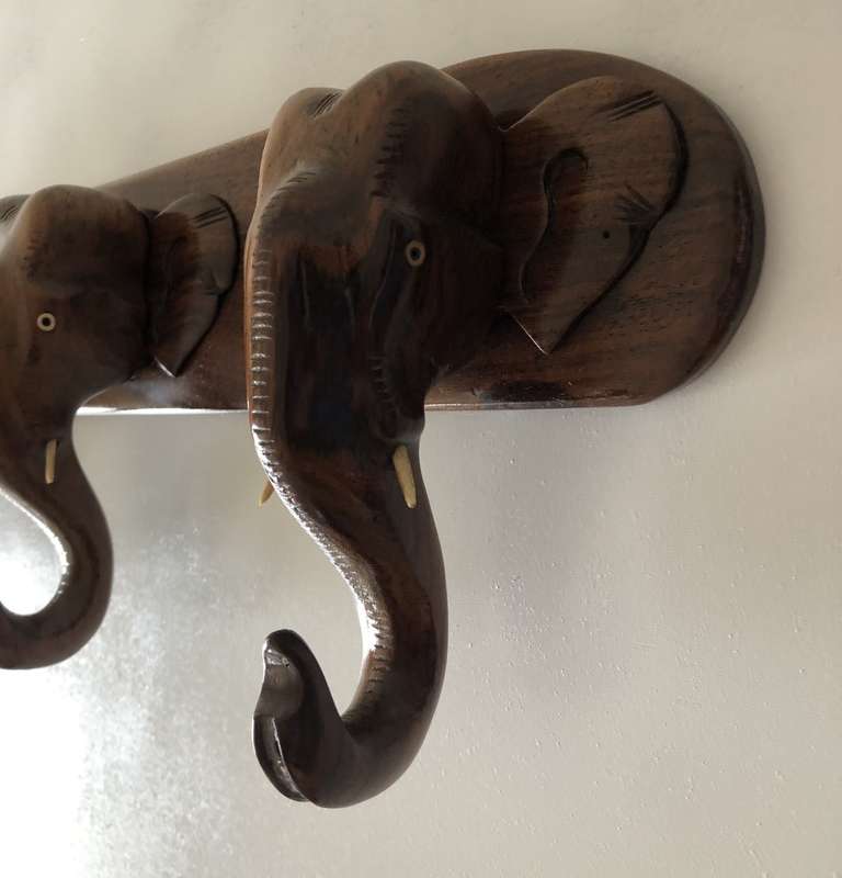 BEAUTIFUL THREE HAND CARVED TEAK WOODEN ELEPHANT TRUNK HAT RAIL