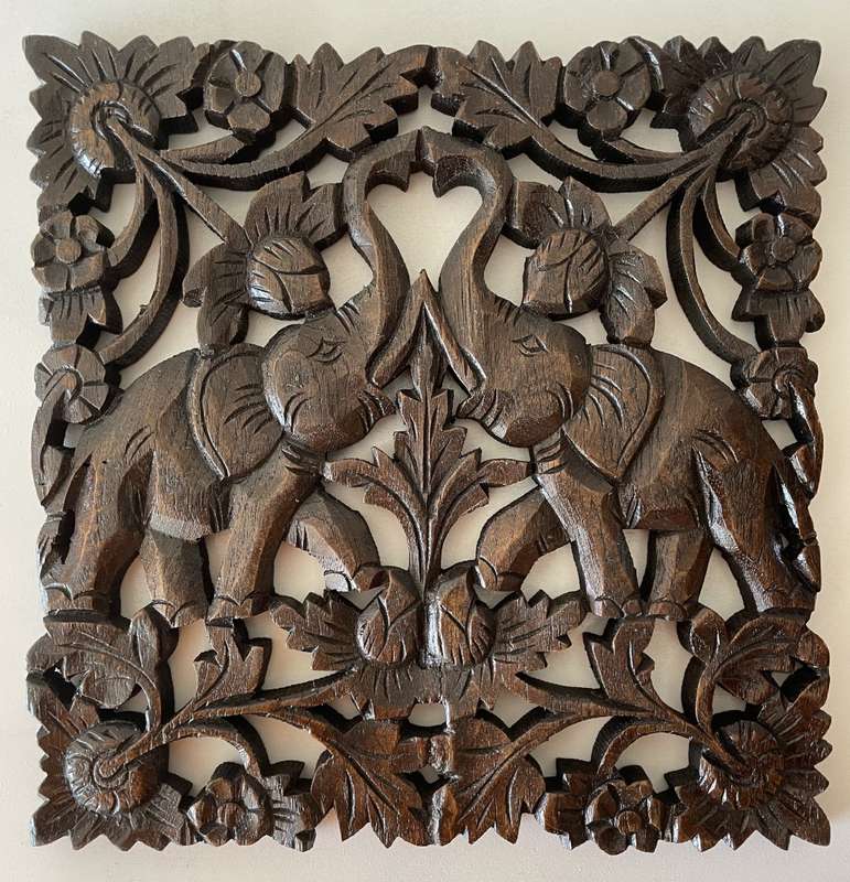 ASIAN HAND CARVED TEAK WOODEN PANEL OF ELEPHANTS