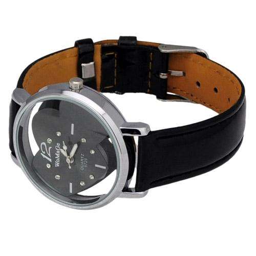 Lady Fashion Elegent Heart Shaped Rhinestone Quartz Clear Wrist Leather Watch