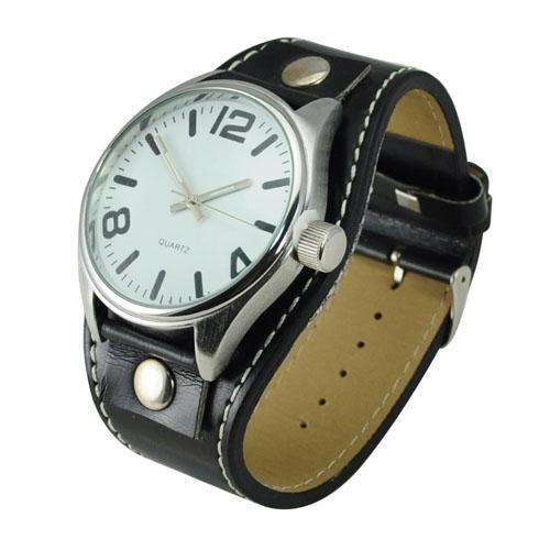 Big Cool Simple Genuine Leather Watch Band Round Dial Quartz Movement Men's Wrist Watch-Black