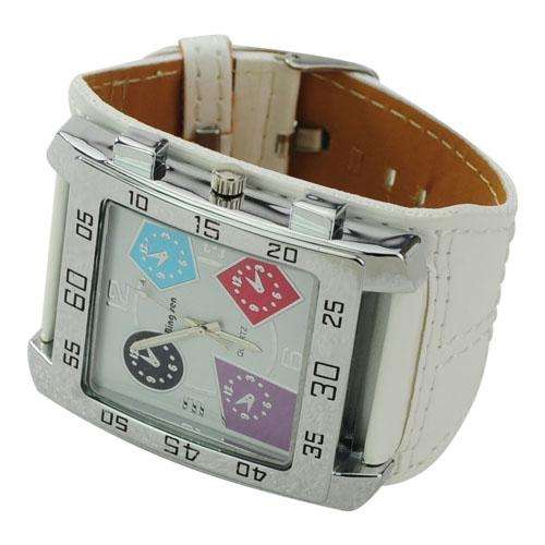 Big PU Leather Wide Band Square Dial Quartz Movement Wrist Watch-White