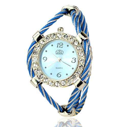 Metal Weave Design Bracelet Quartz Movement Wrist Watch Set with Rhinestone
