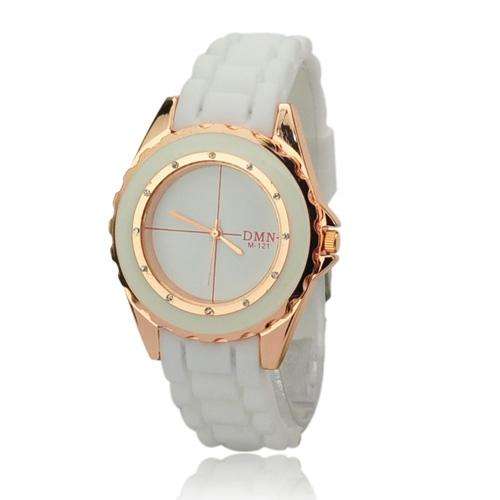 Silicone Band Round Dial Rhinestone Quartz Movement Wrist Watch - White