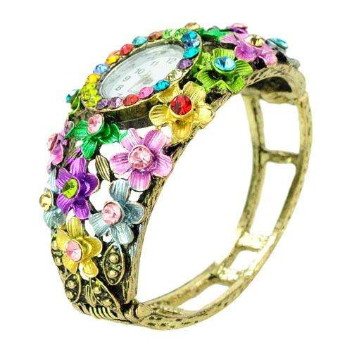 Graceful Rhinestone Bronze Flowers Oval Quartz Bracelet Watch -Multicolour