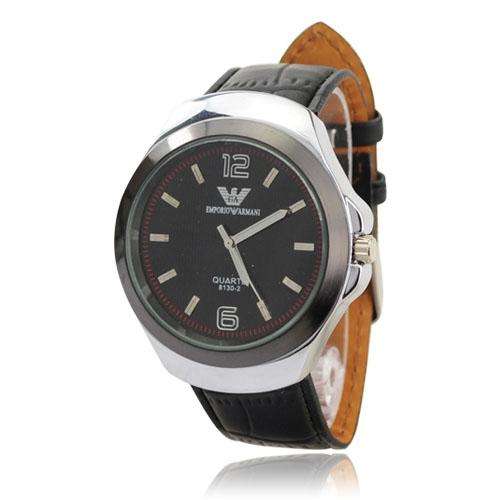 Quartz Movement Hard Black Genuine Leather Band Wrist Watch