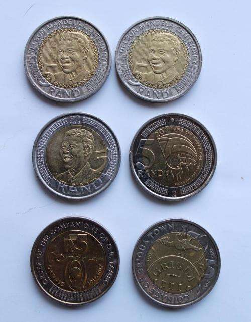 R5 COINS: OR Tambo; Griqua Town Centenary; Mandela Centenary & Birthday & 20 Yrs. Freedom
