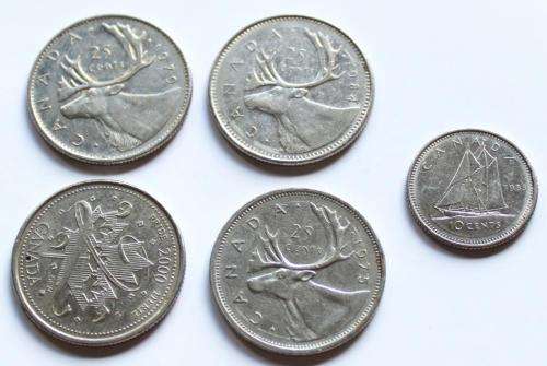 1975, 1979, 1984 & 2000 25c CANADIAN COINS & 1983 10c Canada coin (5 Canada Coins)