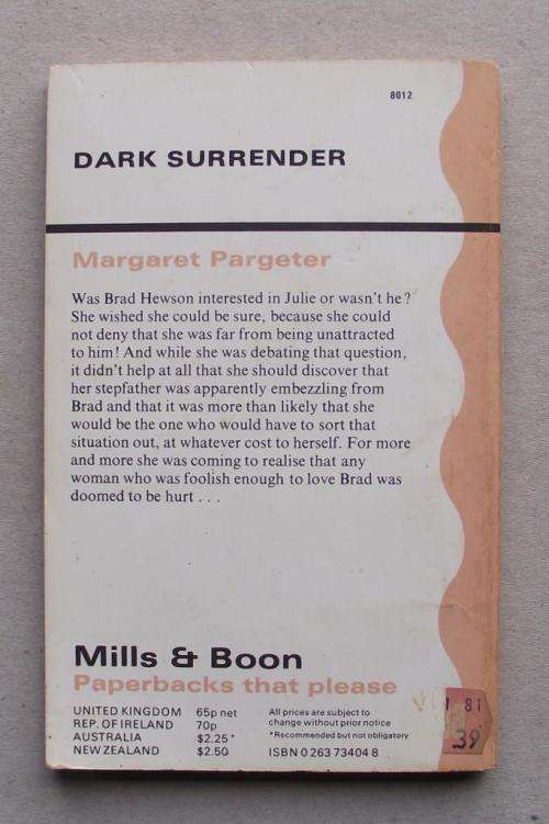 MILLS & BOON: DARK SURRENDER by Margaret Pargeter (good cond.)