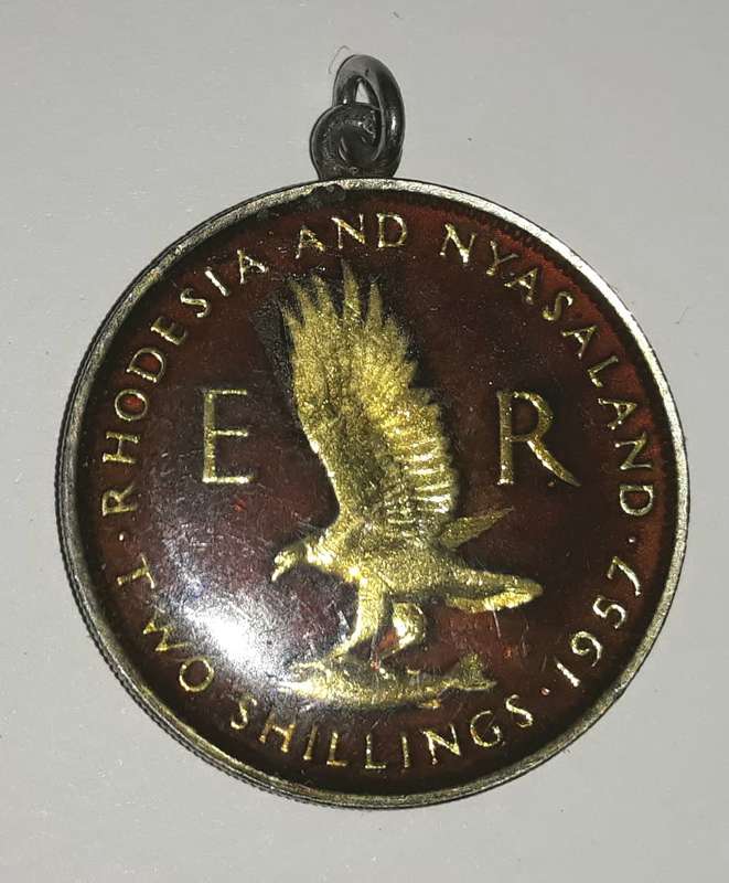 Vintage Rhodesia and Nyasaland Gilded 1957 Two Shilling Coin Pendant