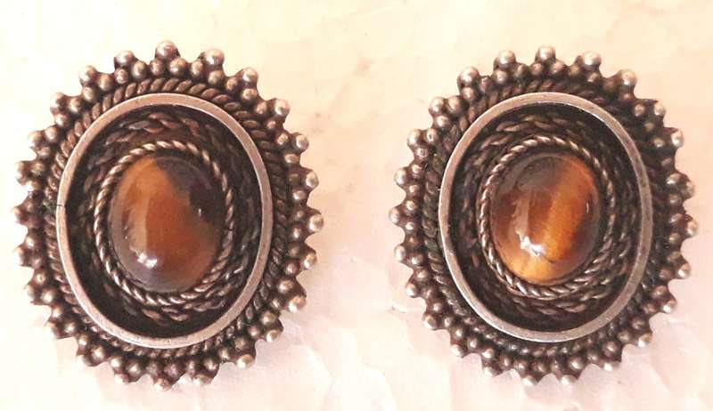 Vintage Sterling Silver Tigers Eye Clip On Earrings