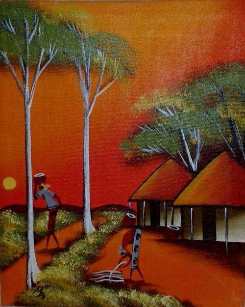 African Sunset/rise Village Scene - Original - Beautiful!!