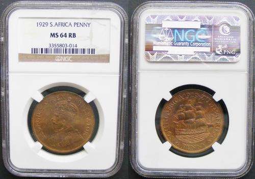 Union of SA,King GeorgeV High Grade Coppers:2ndType Set.Item 2of 5:1929 Penny NGC MS64RB.R1 Start
