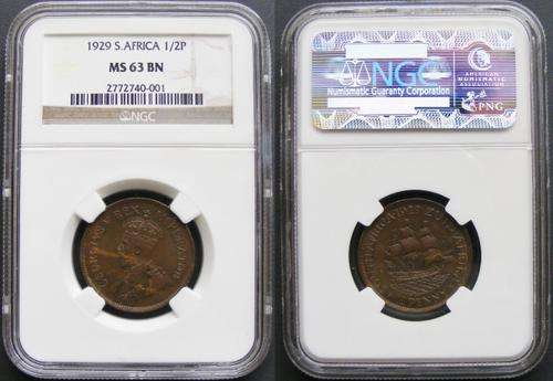 Union of SA,King GeorgeV High Grade Coppers:2ndType Set.Item 3of 5:1929 1/2P NGC MS63BN.R1 Start