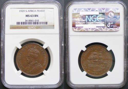 Union of SA,King GeorgeV High Grade Coppers:2ndType Set.Item 4of 5:1929 Penny NGC MS63BN.R1 Start