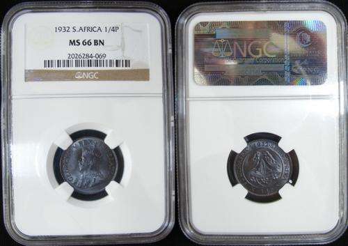 Top grade 1932 Union of SA Coins.Item 1 of 6:1/4P NGG MS66BN.Second Finest.R1 Start