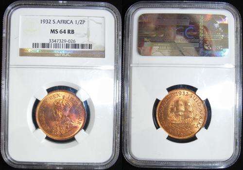 Top grade 1932 Union of SA Coins.Item 2 of 6:1/2P NGG MS64RB.Second Finest.R1 Start