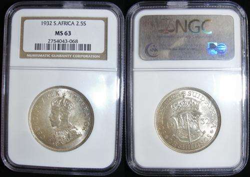Top grade 1932 Union of SA Coins.Item 6 of 6:2.5S NGG MS63.Third Finest Known.R1 Start
