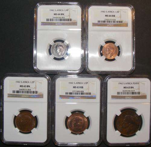 What a bargain!!!!!1942 Union of SA High Grade MS Copper set for one price.5 Coins all NGC.R1 Start