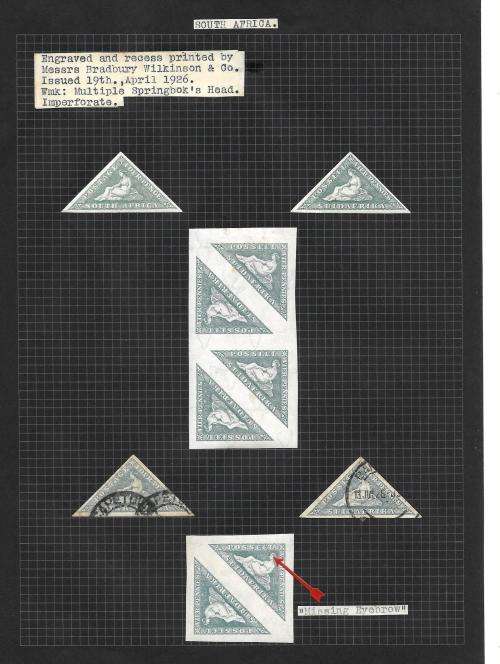 South Africa - union commemorative study, including missing eyebrow variety - 2 pages
