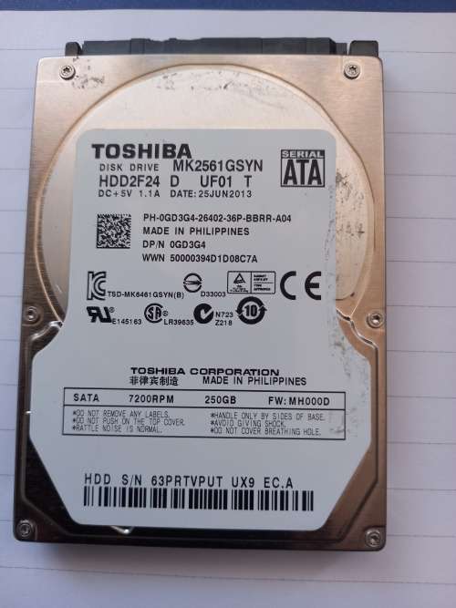 Toshiba Laptop 250Gb SATA Hard Drive