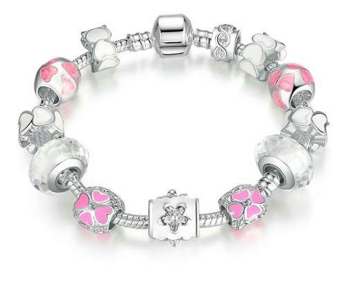 **ABSOLUTELY  BEAUTIFUL** SILVER PLATED CHARM BRACELET WITH WHITE CRYSTAL & PINK MURANO  BEADS
