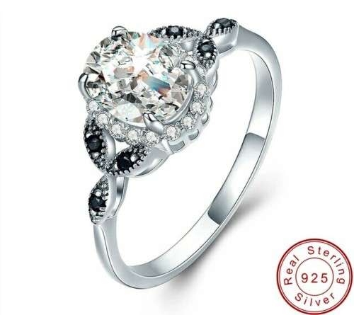 Black and White Cubic Zirconia - 925 Sterling Silver Ring Size O/7/17.35MM