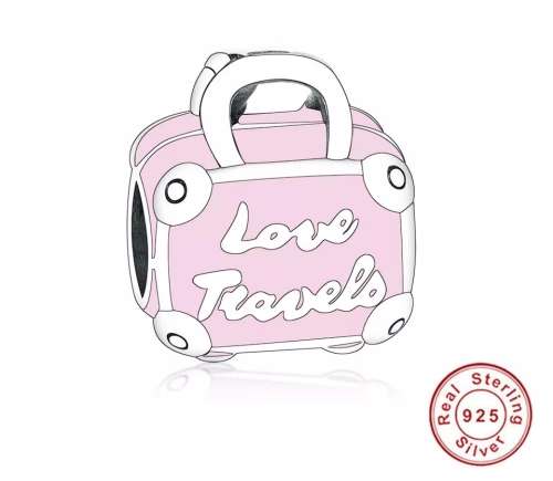 925 Sterling Silver Pink Enamel Love Travel Bag Charm
