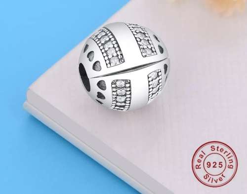 925 Sterling Silver Sparkly Stripes and Hearts Clip