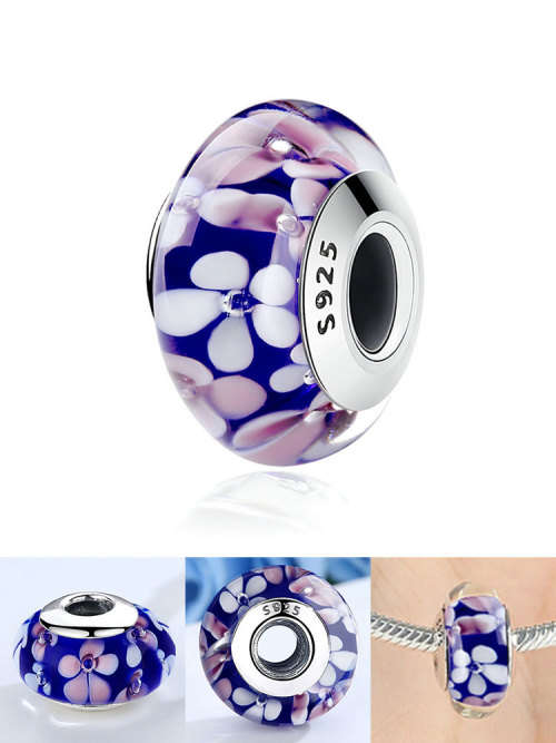925 Sterling Silver Purple floral Murano glass Charm