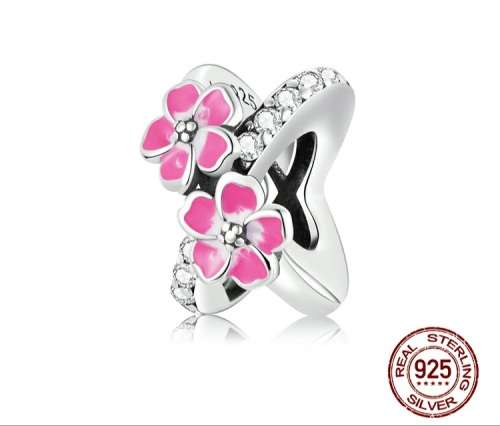 925 Sterling Silver Pink Flower Spacer Charm