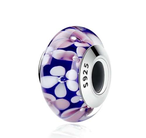 925 Sterling Silver Purple floral Murano glass Charm