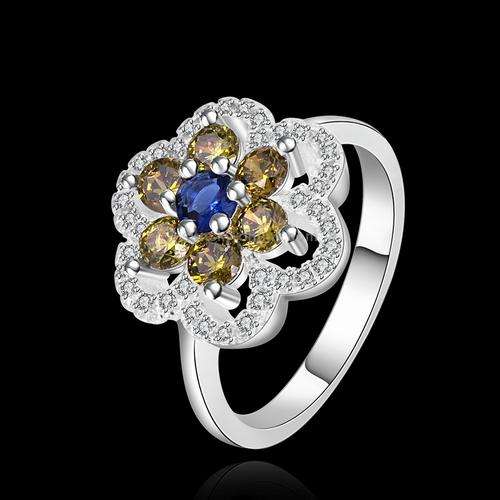 Fashionable Zircon Encrusted Silver Plated Flower Pattern Finger Ring for Women, Size 8