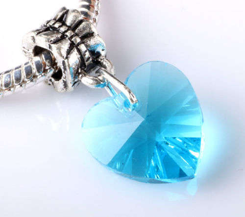 925 Sterling Silver 3D Crystal Glass Heart Dangling Charm Bead Bracelet