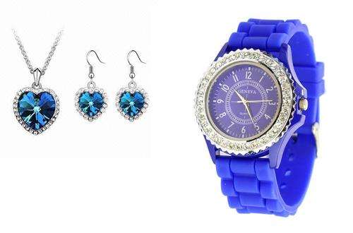 REDUCED SHIPPING ** HEART NECKLACE SET WITH MATCHING SILICONE RHINESTONE WATCH