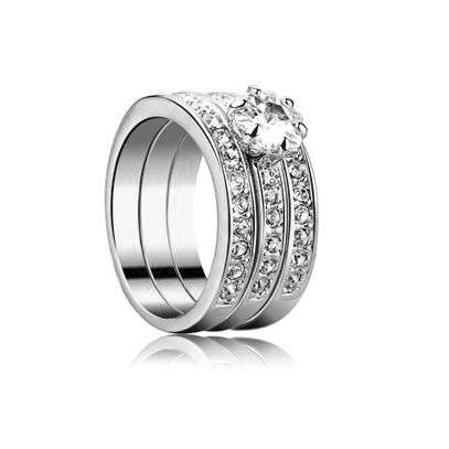 POSTAGE ONLY R35.00 ***18K WHITE GOLD PLATED THREE BAND CRYSTAL RING***
