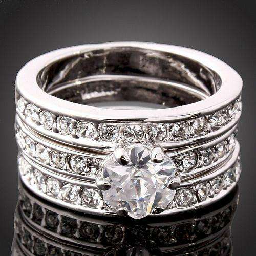POSTAGE ONLY R35.00 ***18K WHITE GOLD PLATED THREE BAND CRYSTAL RING***