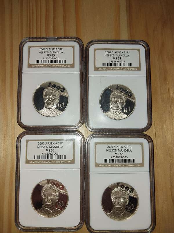 4 x Silver R1 2007 Nelson Mandela MS65 NGC graded coins.
