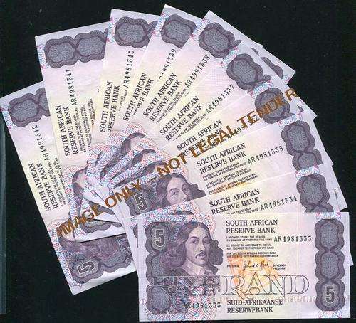 FIVE RAND Aunc G DE KOCK BANKNOTES IN SERIES X 10 - 3RD ISSUE 1989