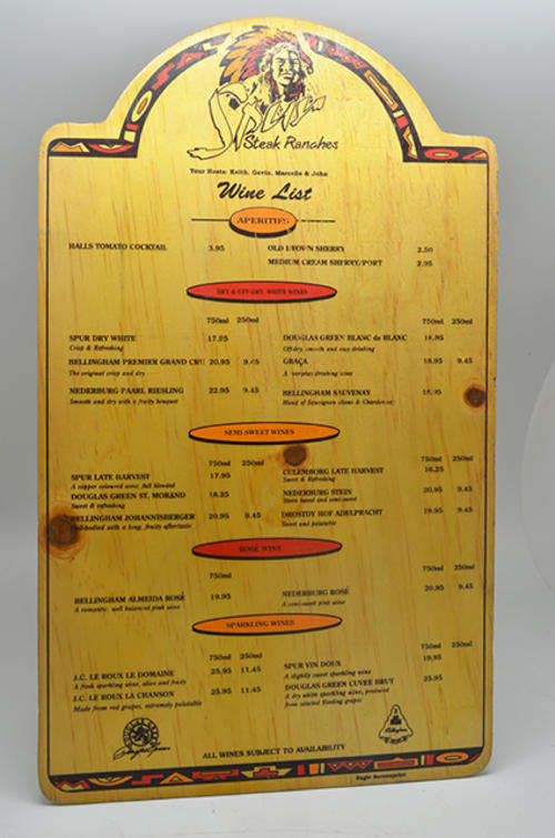 Pure South nostalgia Spur Steak Ranches wine list circa 1995
