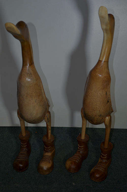 Pair of Quackers (Carved Wood Amusing Ducks in Boots) by Roxanne Pocha